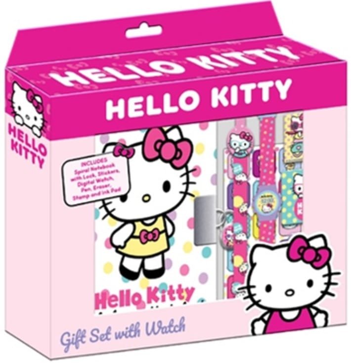 1-hk4910.jpg Подаръчен комплект Хелоу Кити с таен дневник с катинарче печати мастилница гума острилка химикал с клипс и часовник 22x26x5 - Image 1