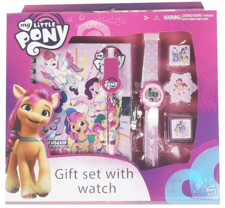mlp4910_1201-001.jpg Подаръчен комплект Моето Малко пони с таен дневник с катинарче печати мастилница гума острилка химикал с клипс и часовник 22x26x5 - Image 1