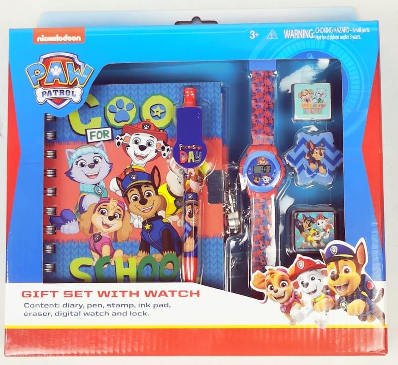ppt4910_1.jpg Подаръчен комплект Пау Патрул с таен дневник с катинарче печати мастилница гума острилка химикал с клипс и часовник 22x26x5 - Image 1