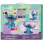 Оцветителен комплект куфарче с дръжка с шаблони стикери с албум спирален блок А4 и много маркери пастели водни боички четки и т.н. Лило и Стич 54х47х3