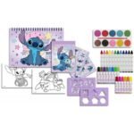 Оцветителен комплект куфарче с дръжка с шаблони стикери с албум спирален блок А4 и много маркери пастели водни боички четки и т.н. Лило и Стич 54х47х3 - Image 2