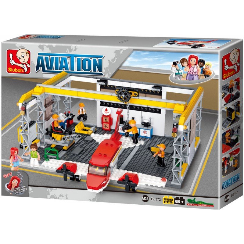 1-B0372-800x800 Конструктор Sluban Авиация Самолет в Ремонтен Хангар 599 ел. с 6 фигурки 52х38х8 - Image 1
