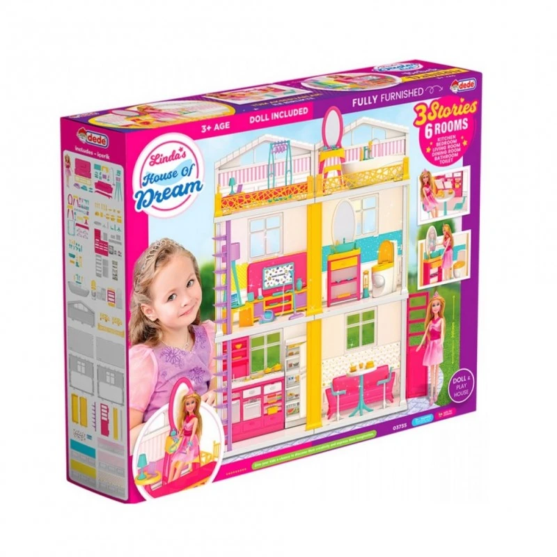 673735-dede-doll-house.jpg Къща на мечтите на линда за размер кукли тип барби с кукла и обзавеждане 3 етажа 60x50x16 - Image 1