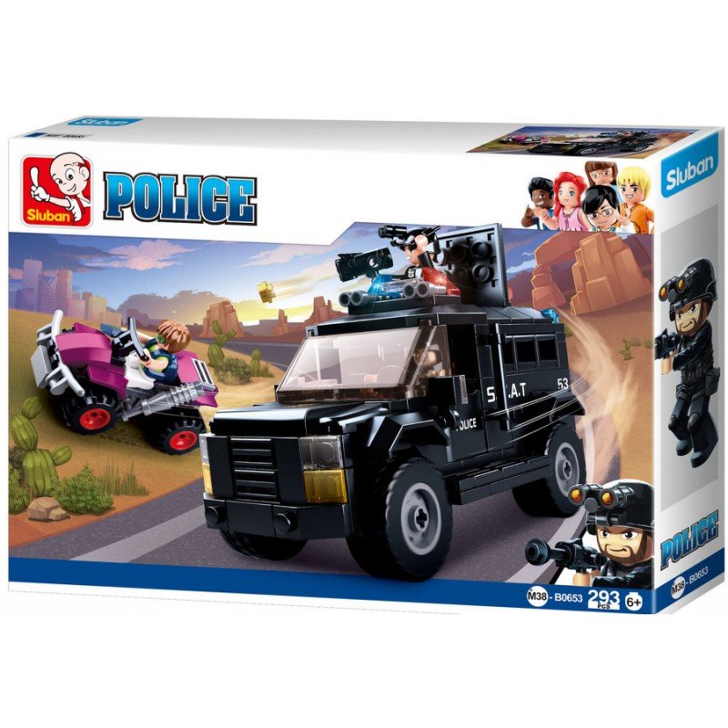 1-B0653-800x800 Конструктор Sluban Полиция SWAT Брониран Джип 293 ел. с 3 фигурки 33х24х6 и стрелба - Image 1