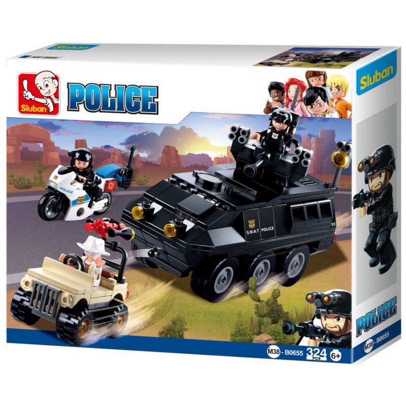 1-B0655-800x800 Конструктор Sluban Полиция SWAT Бронетранспортьор с мотор и джип 324 ел. с 3 фигурки 33х29х7 и стрелба - Image 1