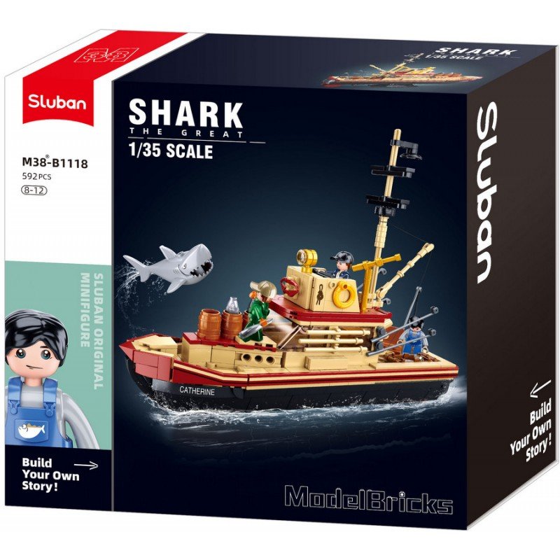1-B1118改-800x800 Конструктор Sluban Риболовен Кораб Великата Акула точен модел мащаб 1:35 592 ел. с 4 фигурки 48х33х7 - Image 1