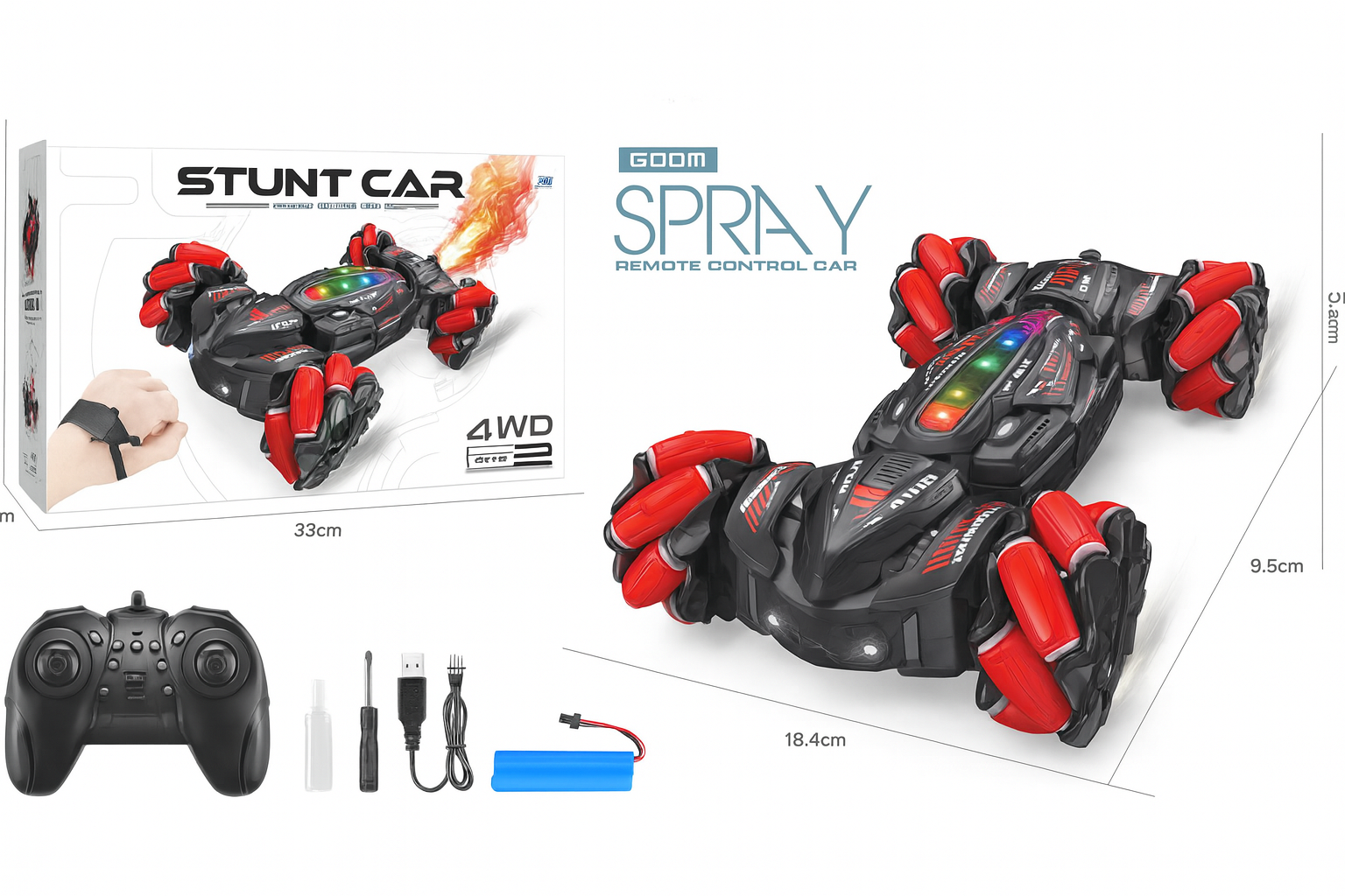 10eb1df6-e716-48ac-a45c-e648392e9cb5 Радиоуправляема кола за трикове и дрифтове със пръскаща функция светлина и звук със зарядна USB батерия 32x20x10 - Image 1